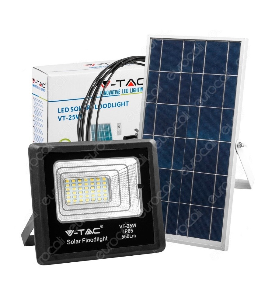 V-Tac Proiettore Led 12W 6400K 500Lm a Batteria con Pannello Solare e Telecomando