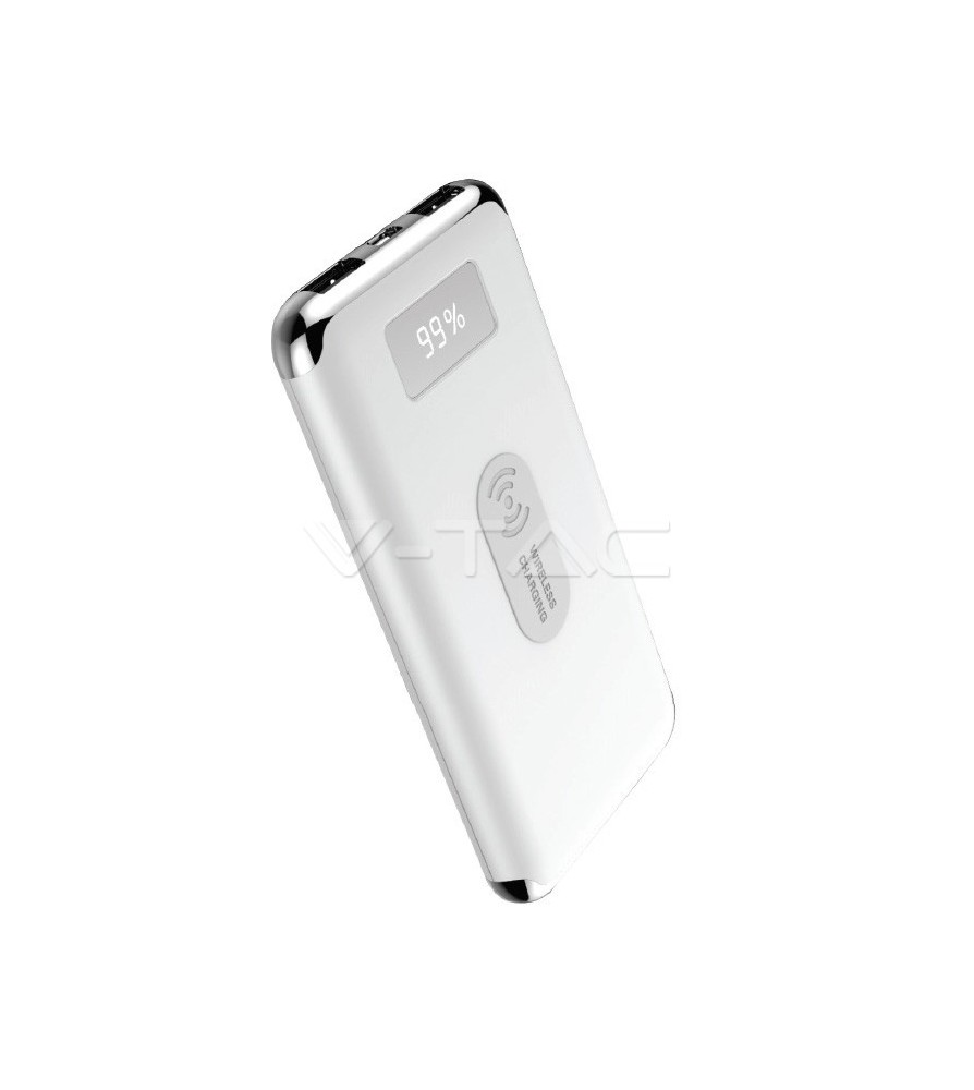 V-Tac Power Bank con Ricarica Wireless 10000 mAh 2 Uscite USB 2,1A Bianco