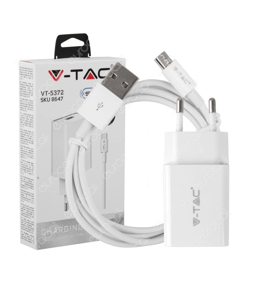 V-Tac Caricatore da Viaggio per Smartphone con Cavo Micro USB 5V 2.1A Colore Bianco