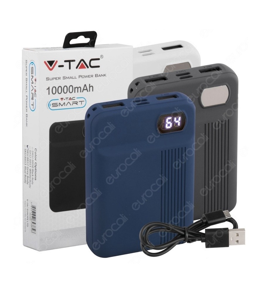 V-Tac Power Bank Portatile 10000 mAh 2 Uscite USB 2.1A Grigio