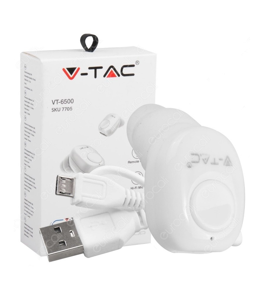 V-Tac Auricolare Bluetooth Mini Earbuds Colore Bianco