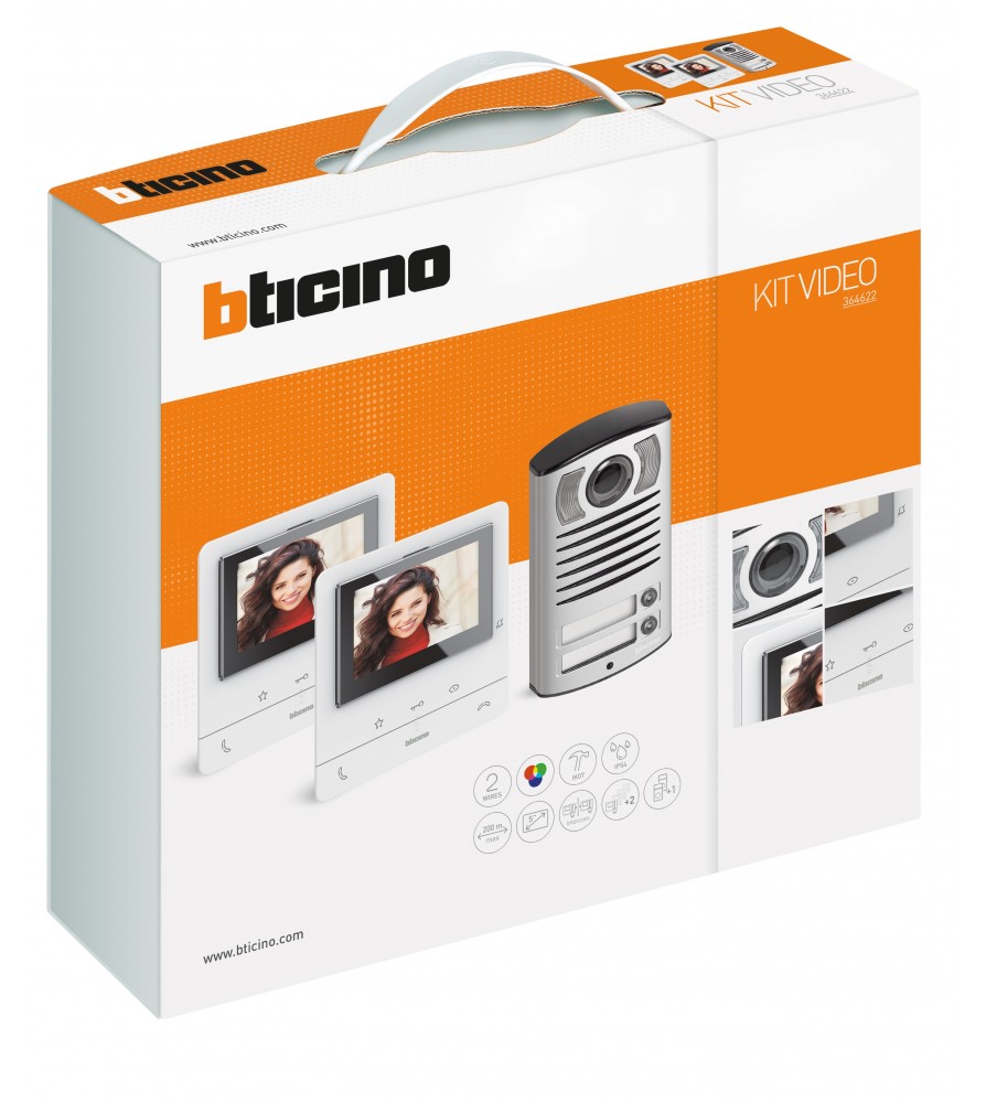 Bitcino Kit video vivavoce bifamigliare composto da due videocitofoni CLASSE 100V16B e pulsantiera LINEA 2000 con telecamera a