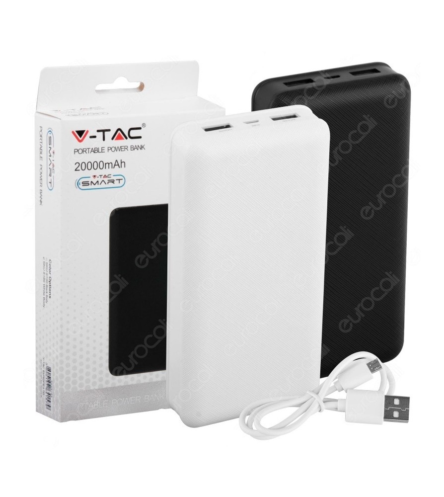 V-Tac Power Bank Portatile 20000 mAh 2 Uscite USB 2.1A Bianco